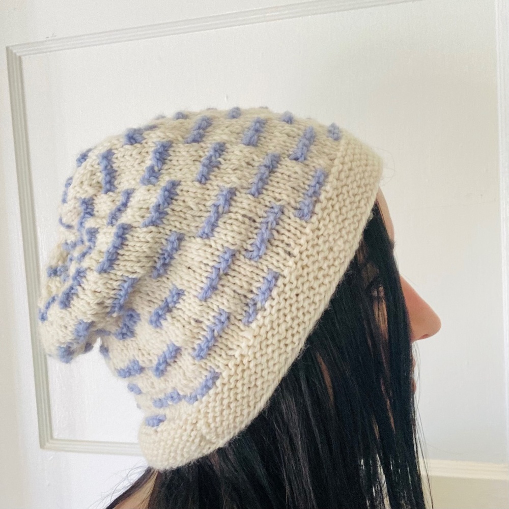 Vintage Cream White Blue Knit Beanie Winter Hat Wool 90s Y2K Handmade 13”
